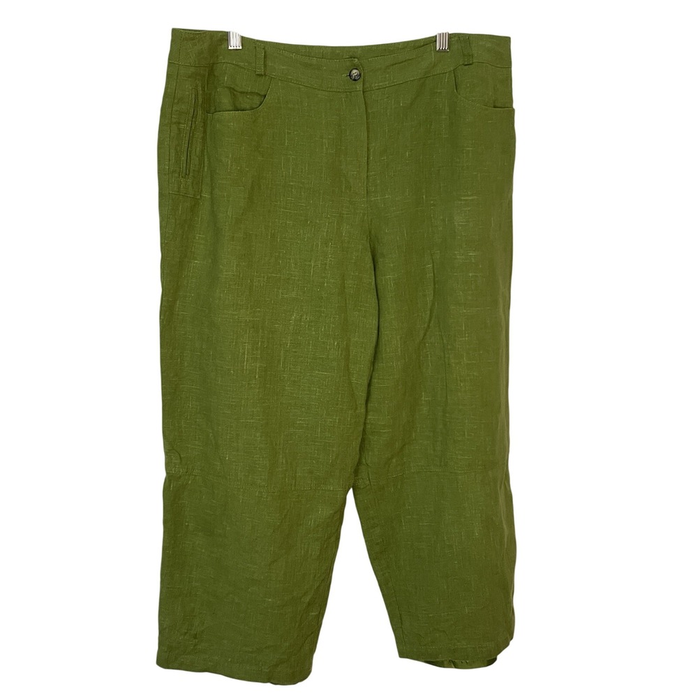 Harve Benard Linen Trouser Green Straight Leg High Rise Crop Pants Womens